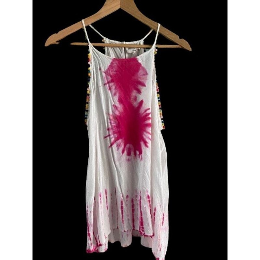 Entro Pink Tie Dye Swiss Dot Pom Pom Trim High Neck Tank Top Large Boho